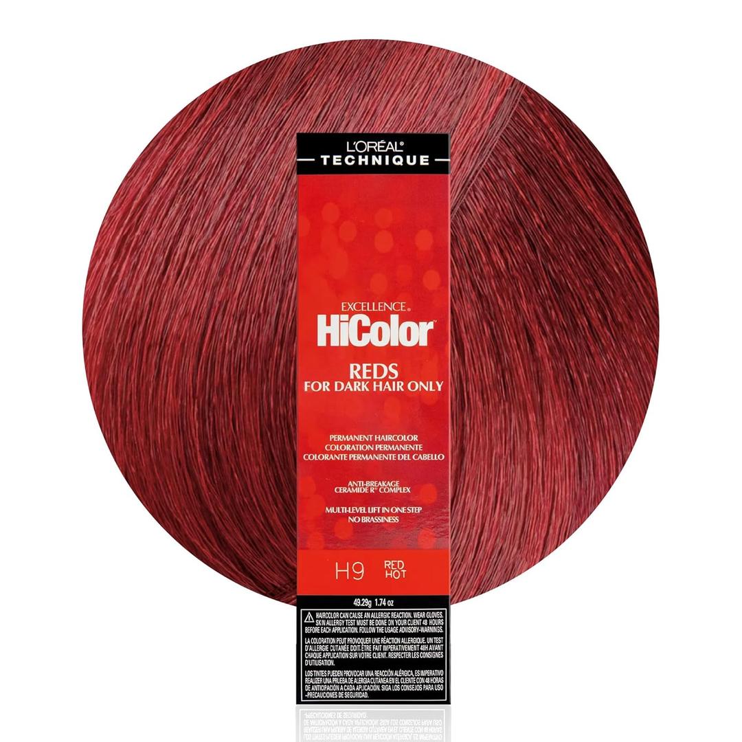 L'Oréal Technique HiColor Reds Permanent Hair Color  Lifts Dark Hair in One Step, No Brassiness, Rich, Smooth Creme Formula, Intense, LongLasting Color, Red Hot