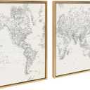 Kate and Laurel Sylvie Black and White Modern Retro World Map Framed Canvas Wall Art Set by The Creative Bunch Studio, 2 Piece 18x24 Gold, Vintage Map Art for Wall