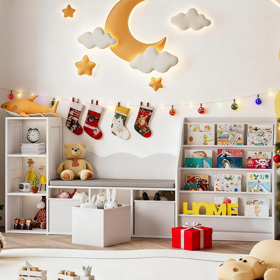 CHOEZON 66.9" Kids Bookshelf with Reading Nook, 3-in-1 Kids Bookcase with Cushion and Sling Shelf, Toy Chest Storage with Fabric Drawers, Reading Nook for Kids, for Playroom, Nursery, White MCW08WB, 66.9"L x 11.8"W x 30.4"H