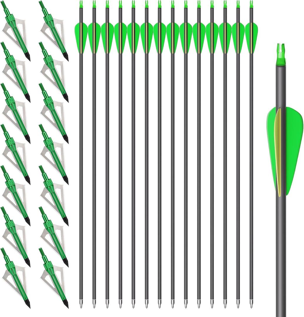 14-pcs 30-Inch Carbon Arrows,with 100-Grain Hunting Broadhead, Arrow with Removable Tips Shaft Spine 500 for Both Compound Bow and Recurve Bows