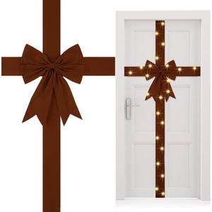 Spiareal Large Christmas Front Door Ribbon Bow with LED 14.1ft Velvet Christmas Cabinet Glowing Bows Decorations Xmas Tree Decor Festival Wrapping Decorations for Fireplace Home Front Door(Brown)