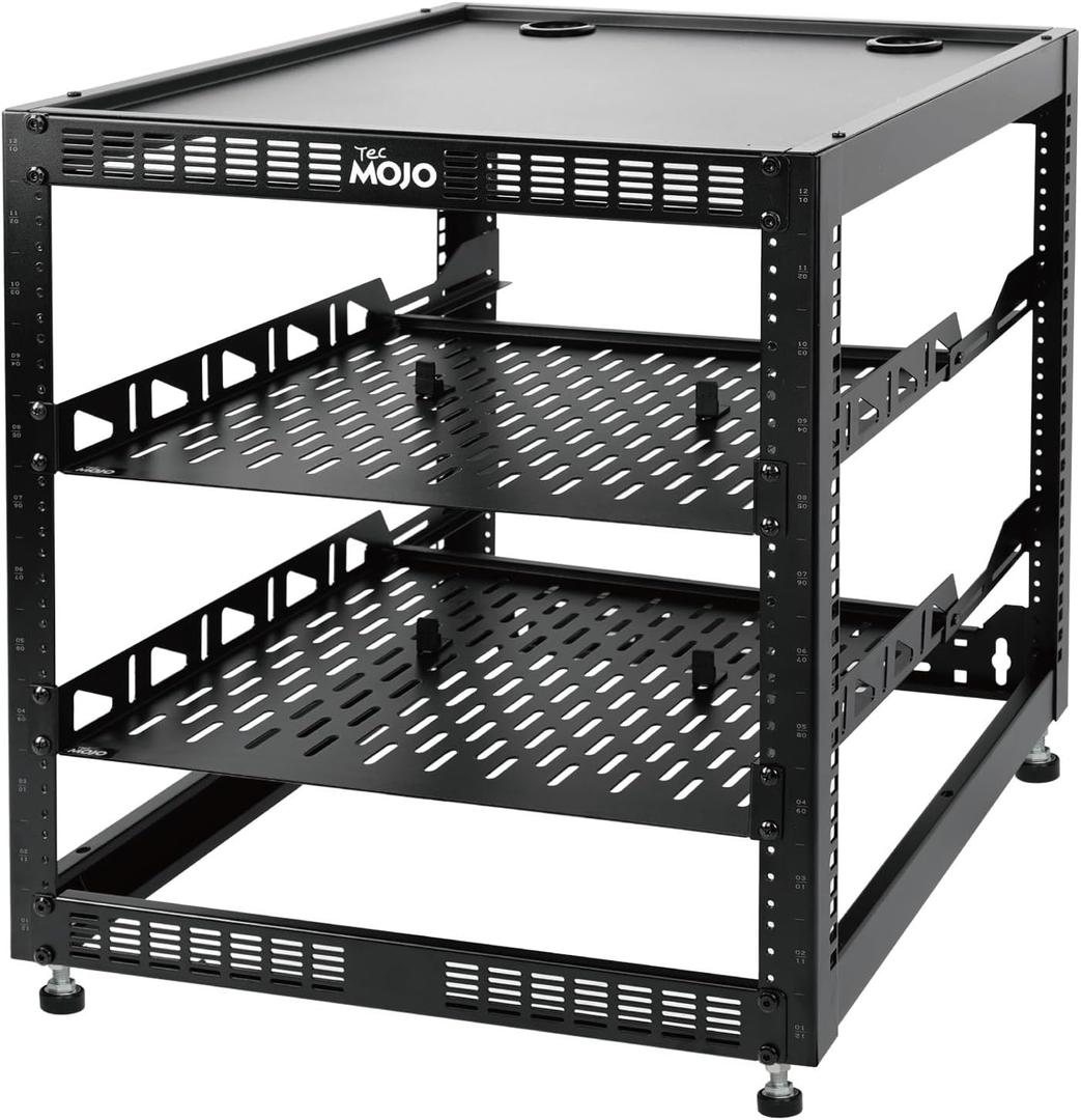 Tecmojo 12U Open Frame Network Rack for IT & AV Gear, AV Rack Floor Standing or Wall Mounted, with 2 PCS 1U Rack Shelves & Mounting Hardware, Network Rack for 19" Networking, Audio and Video Device
