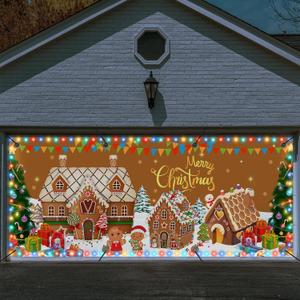 Ganeen 6.4x16 ft LED 2025 Christmas Garage Door Banner String Light Large Rustic Xmas Garage Door Decorations Xmas Banner Cover Backdrop Holiday Cover Decoration(Gingerbread House A)