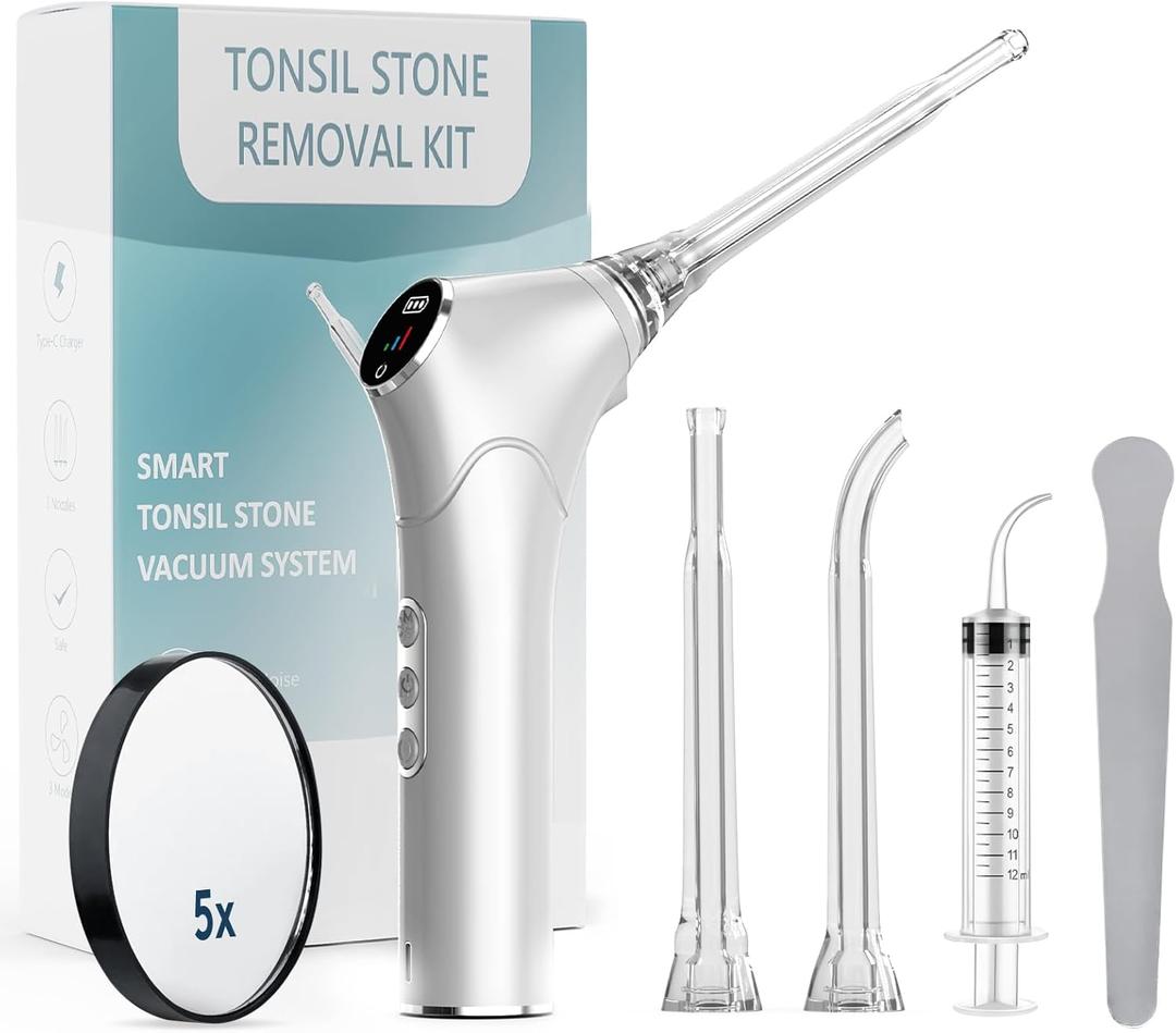Tonsil Stone Remover Kit - Electronic Tonsil Stone Vacuum with Built-in LED Light - Tonsil Stone Removal Kit with 3 Levels Suction - Instant Suction - Irrigator and 5X Magnifying Mirror (White)