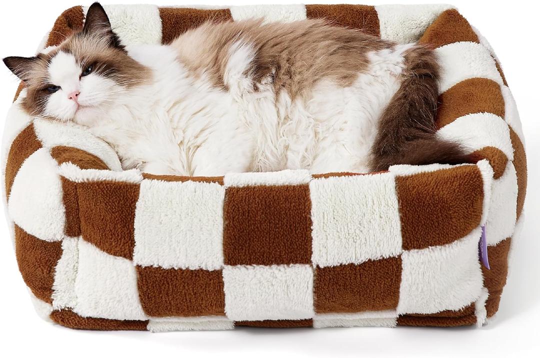 LE SURE Cute Dog Bed for Small Dogs & Cats- Washable Puppy Beds,Cozy Rectangle Orthopedic Pet Sofa with Jacquard Shaggy Plush & Anti Slip Bottom,20x19x6inches (Brown Checks)