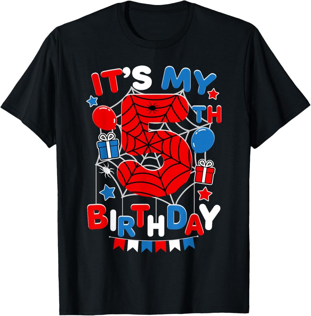 It's My 5th Birthday Spider Theme Party 5 Year Old Boys Kids T-Shirt, XS