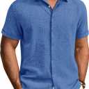 Alimens & Gentle Mens Linen Shirt Short Sleeve Button Down Shirt Casual Summer Beach Vacation Wedding Linen Texture Shirts (Blue, L)