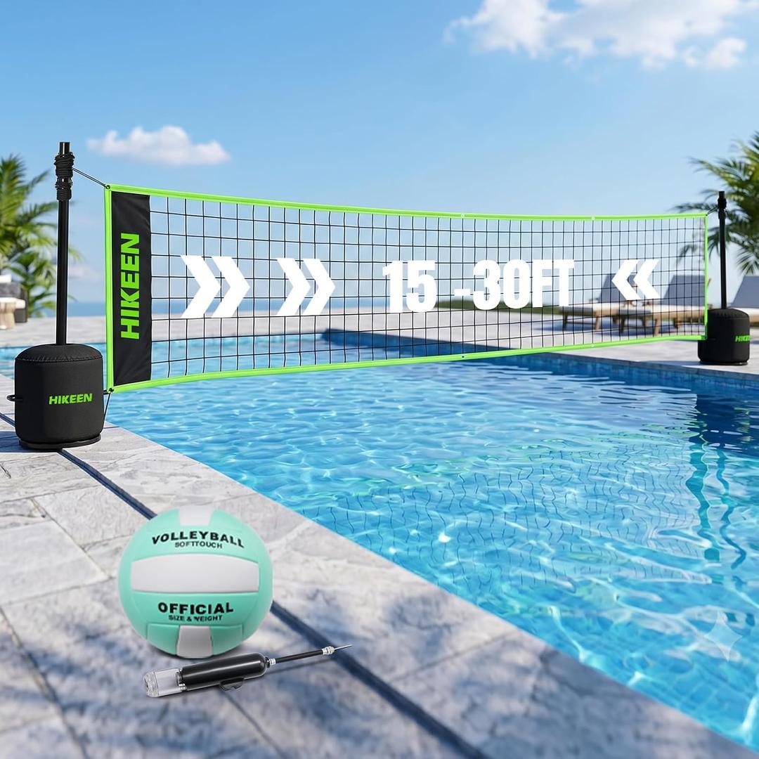 Hikeen Pro Pool Volleyball Net, 15-30FT Adjustable Full Set with Weighted Base, Aluminum Alloy Tubes & Volleyball, Heavy-Duty System for Pool Games & Water Activities