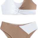 SweatyRocks Girl's Two Piece Color Block Swimsuit V Neck Ribbed Bikini Set Bathing Suit Beachwear White Brown 14Y