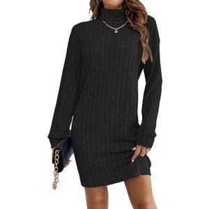 HBQ Women's Pullover Sweater Dress Casual Turtleneck Ribbed Long Lantern Sleeve Mini Knit Dresses 2025 Fashion (Black)