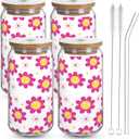 ZYLOSTORE glass cups with lids and straws,iced coffee cups with lids cups,smoothie cup, glass cups set,tumbler with lid and straw and lid, cute cups,gifts for christmas, jars with bambo lids