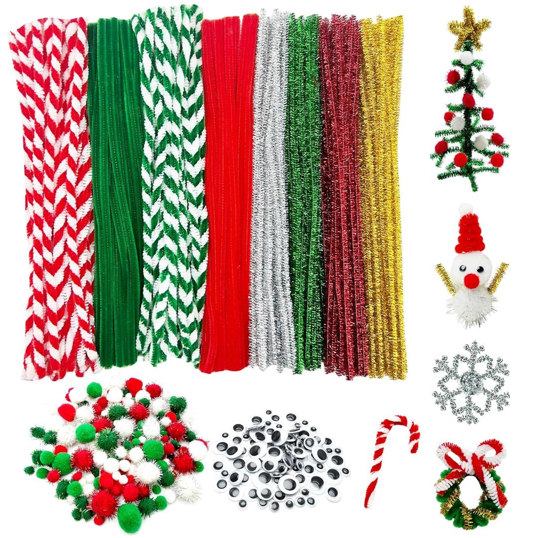 540 Pcs Christmas Pipe Cleaners Crafts Set Including 240 Pcs Pipe Cleaners for Crafts, 200 Pcs Pom Poms, 100 Pcs Self Adhesive Wiggle Googly Eyes for DIY Art and Craft Supplies