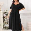 Plus Size Dress Wedding Guest Semi Formal Ruffle Short Sleeve Sweetheart Neckline Slit A Line Flowy Maxi Dresses (Black)