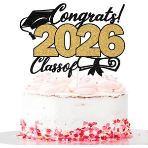 Congrats Class of 2026 Cake Topper, Congrats Grad Cake Decor, So Proud of You/You Did It, 2026 Senior High School College Graduation Party Decorations Black and Gold Glitter