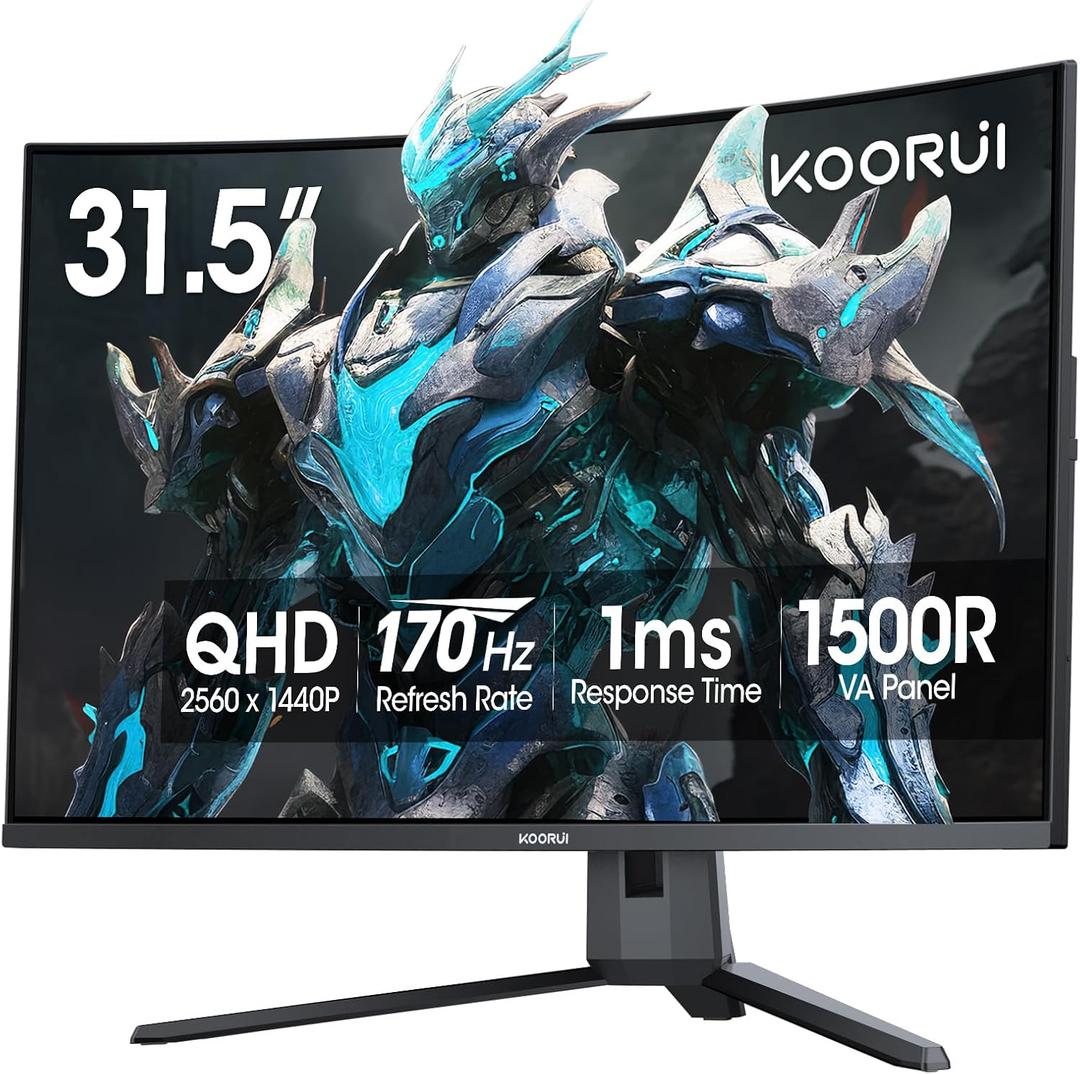 KOORUI 32 inch Curved Gaming Monitor, QHD (2560 x 1440) 2K 170Hz 144Hz Monitor, 1ms 1500R Display, 90% DCI-P3, Adaptive Sync, Tilt Adjustable, VESA Compatible, DisplayPort HDMI, Black