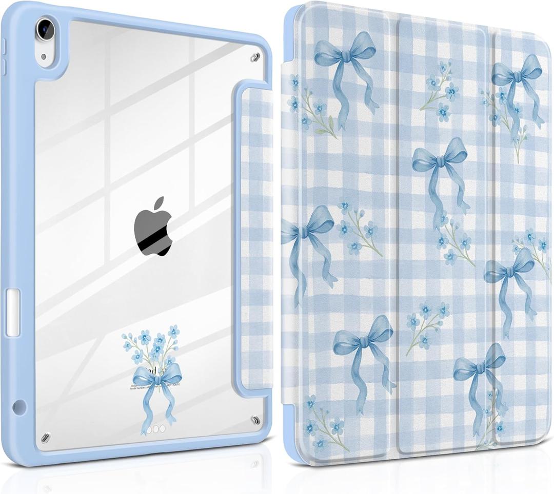 TWOLSKOO Case for iPad Air 11-inch (M4 2026 / M3 2025 / M2 2024), Clear Acrylic Back with TPU Bumper, Pencil Holder, Trifold Stand, Auto Sleep/Wake, Blue Gingham Bows