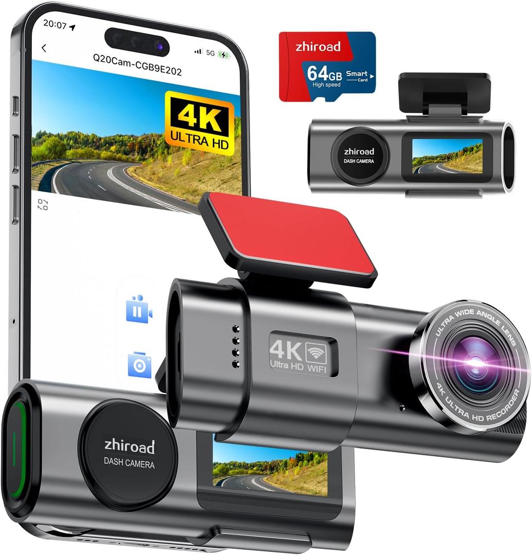 Dash Cam 4K Front, Built-in WiFi Dash Camera for Cars, 1.47''IPS Screen Mini Dashcam with APP, 170Wide Angle, 24H Parking Monitor, Night Vision, WDR, G-Sensor, with 64G SD Card, Support 256GB Max