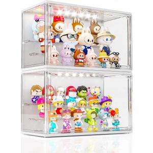Acrylic Display Case for Collectibles with LED Light, 3 Layer Adjustable Figure Display Case with Magnetic Door, Lighted Display Box Stackable Clear Blind Box for Action Figure, Popmart, 2 Pack