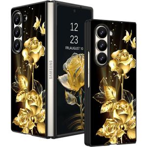 DOMAVER for Samsung Galaxy Z Fold 6 Case Glow in The Dark Stylish Gold Rose Luminous Slim Lightweight Protective Case for Samsung Z Fold6 5G- Gold Rose