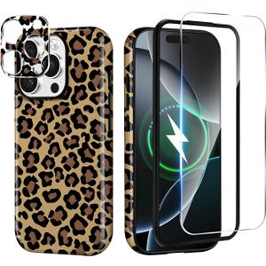 Magnetic Case for iPhone 16 Pro Max,with Screen Protector & Camera Lens Protector,Cute Brown Leopard Print Design for Women Girls Men,Slim Anti Scratch Leopard Case for iPhone 16 Pro Max