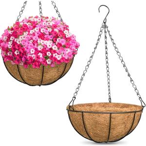 ZeeDix 2 Pack 16 Inch Large Hanging Baskets for Plants Outdoor with Coconut Liners Replacement, Hanging planters Baskets with Natural Coco Liner for Outdoor Indoor Planters Flowers Vegetables