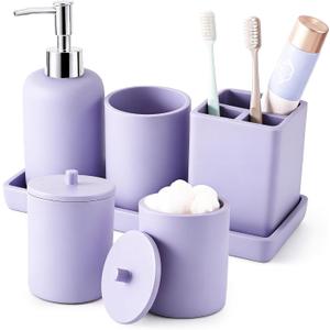 Resin Purple Bathroom Accessories Set 6Pcs - Lotion Soap Dispenser, Toothbrush Holder, Bathroom Tumbler, Qtip Holder & Vanity Tray, Modern Bathroom Countertop Organizer for Home