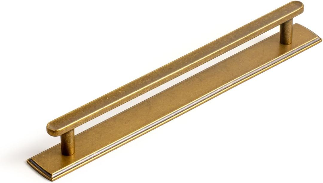 Goo-Ki Antique Brass Cabinet Pulls with Escutcheon Backplate – 2 Pack 7 9/16 Inch Center Vintage Rectangular Drawer Handles with Rounded Edges, Mid-Century Hardware for Kitchen & Dresser