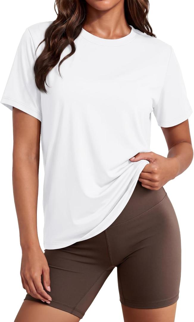 MAGCOMSEN Women's Workout Tops UPF 80+ Short Sleeve Moisture Wicking Shirt (White, M)