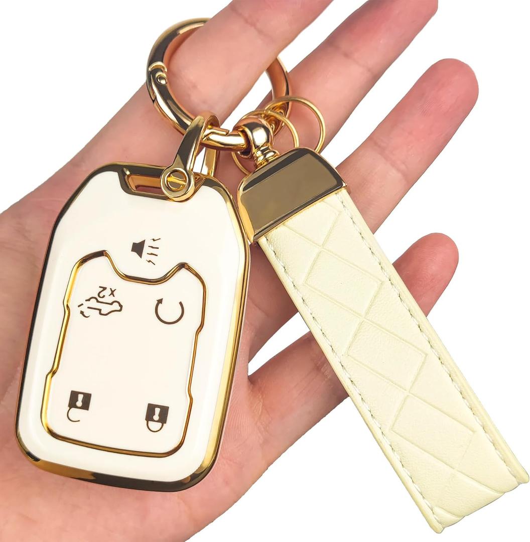 OLLEN 5-Button TPU Key Fob Cover, Fit for GMC Acadia 2017-2025, for Terrain 2018-2025, Fit for Sierra 2019-2025, for Chevy Silverado 2019-2022, Full Protection Soft TPU Key Case, with Keychain, White