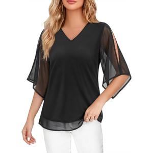 Blouse for Women Dressy Casual Summer Chiffon 3/4 Sleeve Tops Business Work Shirts Double Layered Tunic Evening Party (Medium, Black)