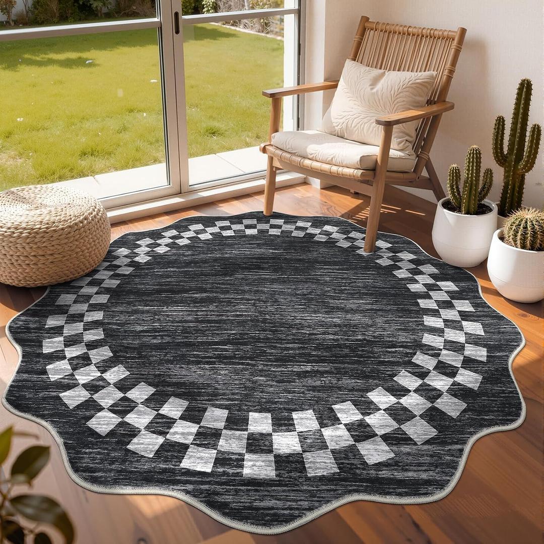 GarveeHome Scalloped Round Rug 4ft Modern Solid Color Circle Rugs Non Slip Low Pile Living Room Throw Carpat Washable Bedroom Scalloped Round Area Rug Stain Resistant Bordered Rug for Kitchen, 4'x4' (Scalloped Dark Grey)