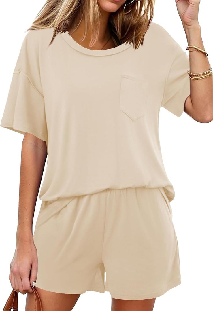 Ekouaer Women's 2 Piece Pajama Sets Short Sleeve Lounge Sets Soft Round Neck Top and Shorts Sleepwear (S)