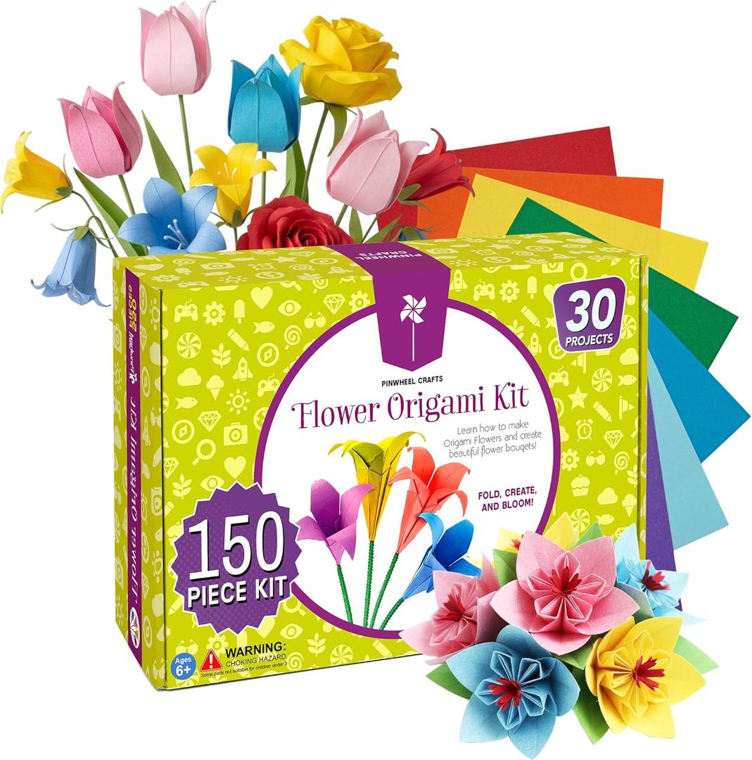Pinwheel Crafts Flower Origami Kit for Kids Ages 8-12 | 150 Pcs Origami Paper Kit w/Multicolor Folding Papers, Chenille Stems,Buttons and Jewels, Arts and Crafts Paper Book for Kids Ages 6+