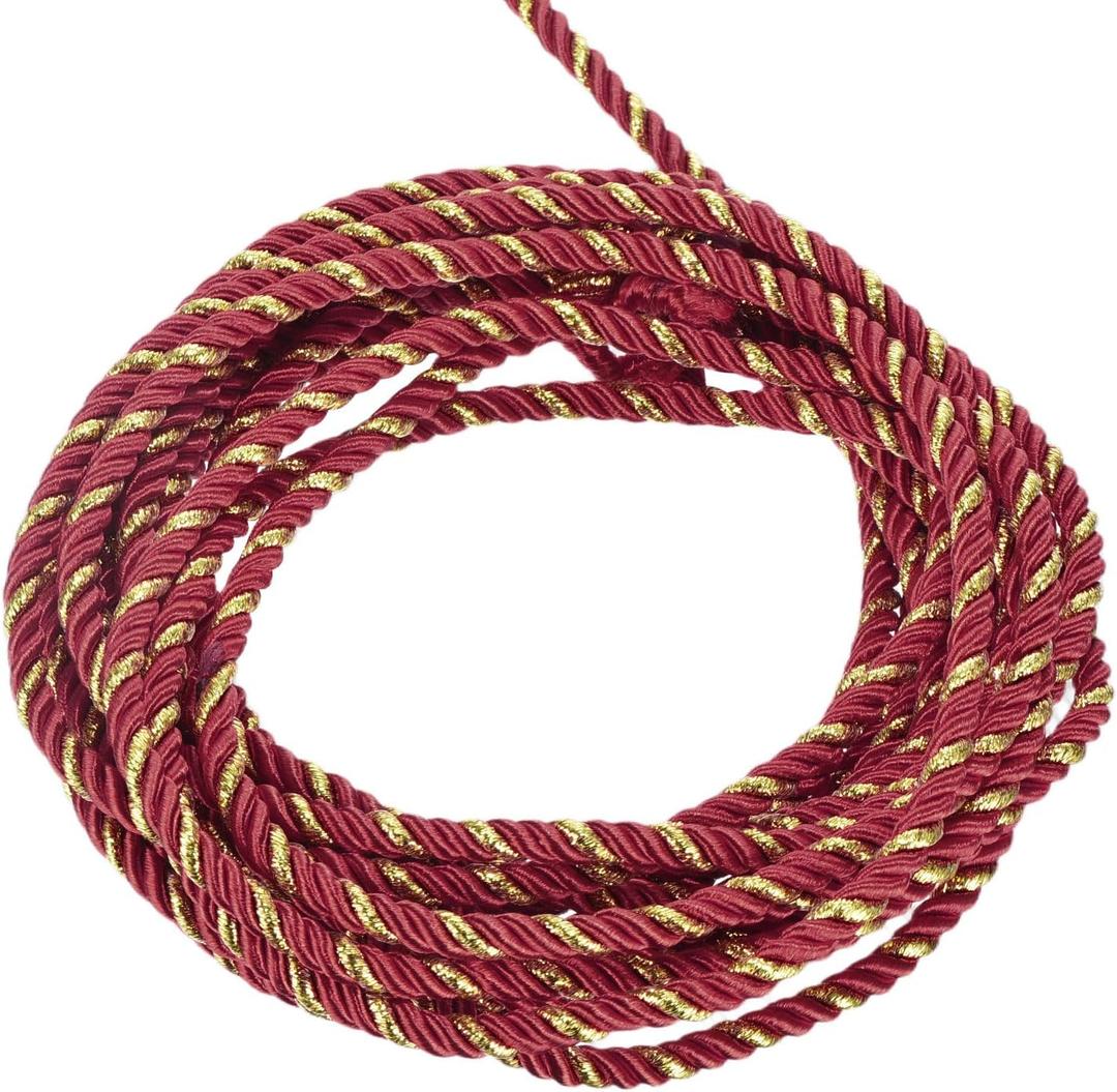 MECCANIXITY Twisted Cord Trim, 5 Yard 5mm 3-Ply Twine Braided Rope Shiny Thread String for Craft Gift Bag Curtain Christmas Decor, Burgundy & Gold - 5m