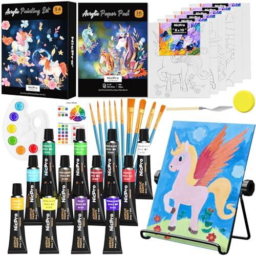 Nicpro 34PCS Kids Painting Set with Pattern Canvas, Art Painting Supplies Kit with 12 Acrylic Paints,10 Brushes,6 Canvas Panels,Table Easel,Paper Pad,Color Wheel,Palette for Beginner Students