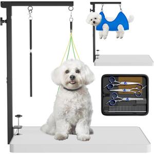 Foldable Dog Grooming Arm with Clamp - Adjustable Grooming Table Arm with No-Sit Holder & Hammock, Includes Pet Grooming Scissors & Comb Set | for Small Medium Dogs | Home Use & Professional Salon