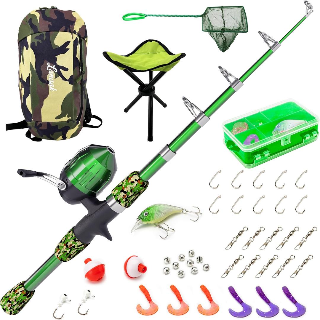 Kids Fishing Pole, Kids Portable Telescopic Fishing Rod Set, Tackle Box and Fishing Net Combo Kit, Kids Fishing Gear for Boys and Girls Age 5-10 and Youth (Camo Green)