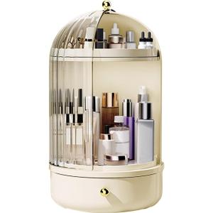 DASITON Makeup Organizer Countertop,360° Rotating Makeup Storage Organizer with Cover and Drawer, Waterproof Cosmetics Display Case, Large Capacity Skincare Organizers for Vanity, Desktop, Bathroom (Cream)