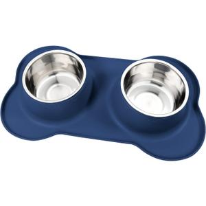 AsFrost Dog Food Bowls Stainless Steel Dog Food & Water Bowl Set with No Spill No Slip Silicone Mat, Dog Dishes for Small, Medium Size Dogs Pet Cat Puppy Food Feeding Bowls, Blue, 24oz, 3 Cup