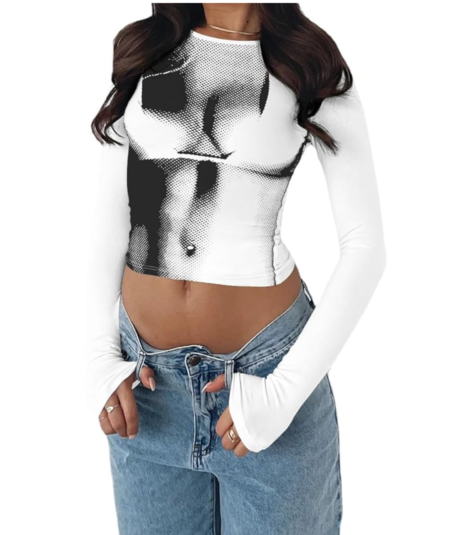 Y2K Fashion T-Shirt Round Neck Crop-top Sexy Long Sleev T-Shirt Trendy 3D Human Print Top Women Fashion Streetwear L