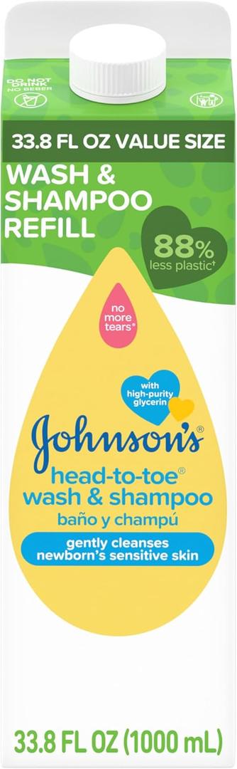 Johnson's Baby Head-To-Toe Gentle Baby Body Wash & Shampoo, Tear-Free & Hypoallergenic Baby Body Wash & Shampoo for Newborn’s Sensitive Skin & Hair, Value Size Wash Refill, 33.8 fl. oz