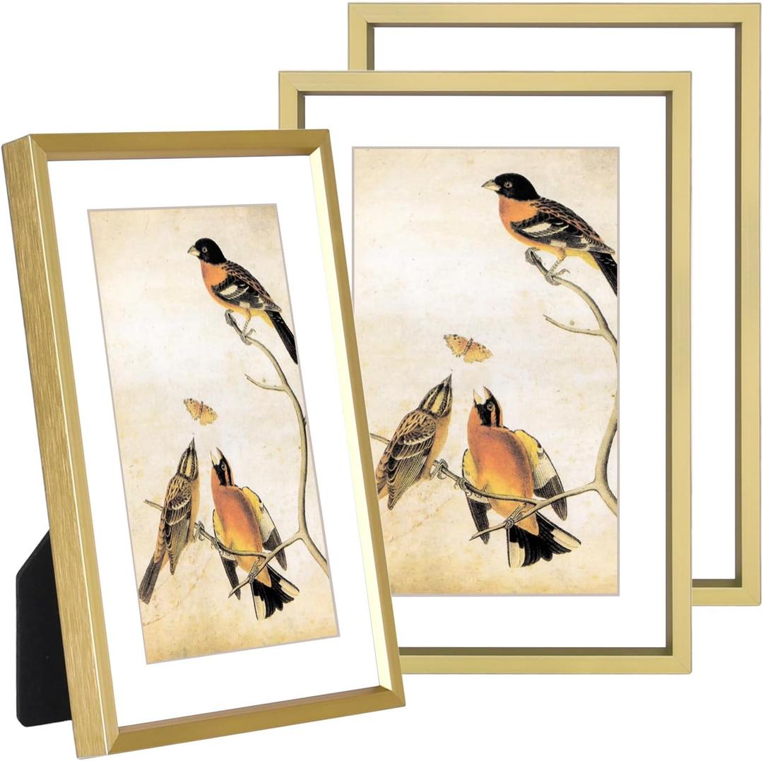BKABOT 4x6 Picture Frame Set of 3, Brass Metal Photo Frames with HD Glass, Fits 3x5 with Mat or 4x6 without Mat, Wall Hanging and Table Display