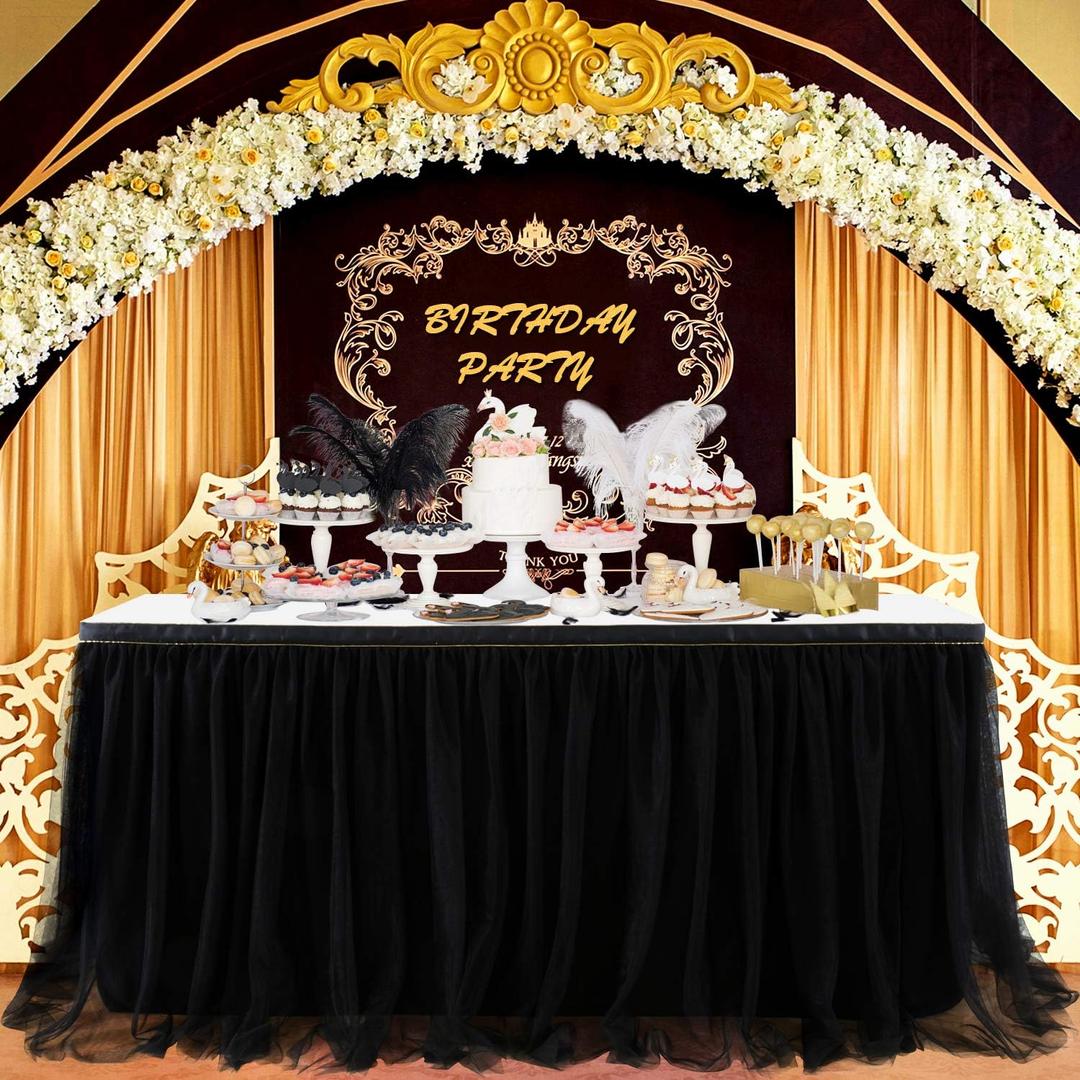 Black Tulle Table Skirts for Birthday Party Hallowwen 6ft Ruffle Tutu Black Table Cloth for Rectangle Tables or Round Tables for Black Gold Baby Shower Graduation Wedding Banquet Buffet Decoraitons
