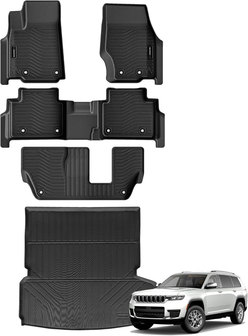 Auxko All Weather Floor Mats & Cargo Mat & Backrest Mat Fit for Jeep Grand Cherokee L 7 Seat (2nd Row Bench Seat) 2025-2021 Liner Trunk Mat Accessories Odorless Black