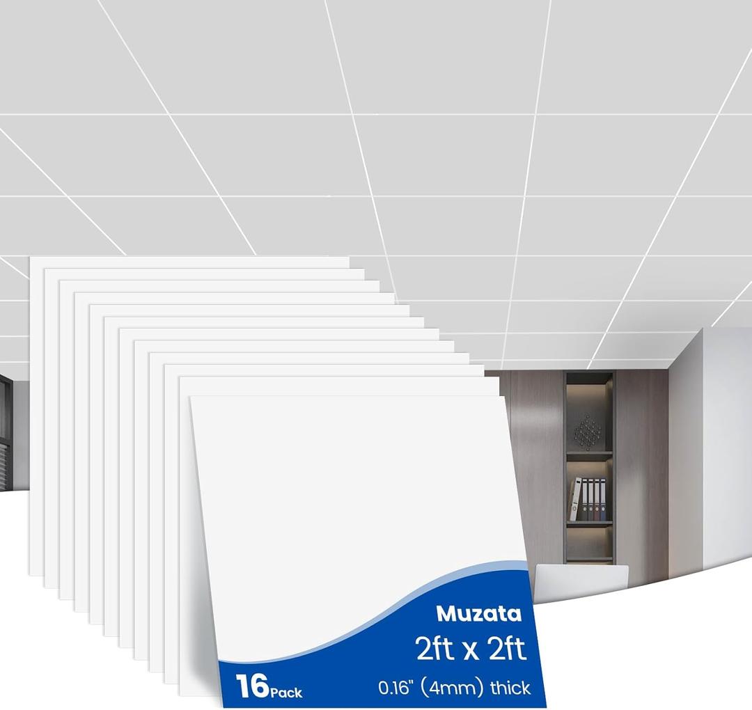 Muzata 16Pack 22 Drop Ceiling Tiles White Smooth Healthy PVC Ceiling Tiles 24x24 About 64sqft Waterproof Easy Drop-in Installation TBP0