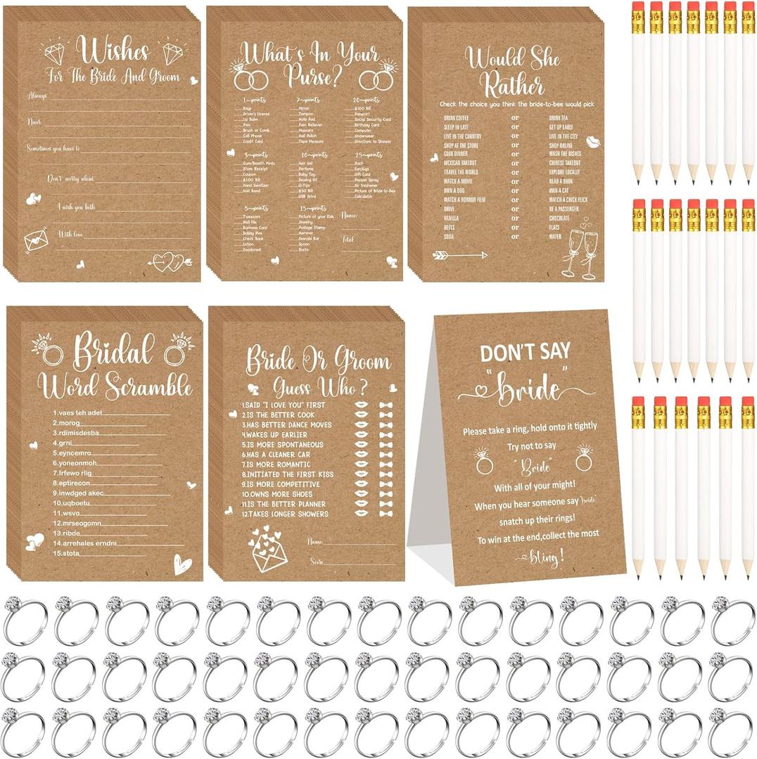 Estune 331 Pcs Bridal Shower Games Supplies, 5 Sets 250 Pcs Wedding Cards 1 Put a Ring on It Bridal Shower Games with 60 Rings and 20 Pencils(Rustic Kraft)