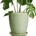 Ceramic Pots for Plants - Modern Round 8 Inch Planter with Drainage Hole and Plant Saucer for Flower Indoor Outdoor, Home Decor, House Warming Gifts, Green