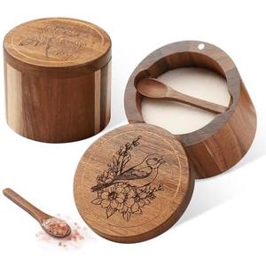 Timtopno Salt Cellar, 2PCS Salt Container Acacia Wood Salt and Pepper Box for Countertop with Built-in Spoon & Swivel Lid, Wood Salt Holder Bowl for Kitchen, Seasoning Storage (Rose & Bird Engraving)