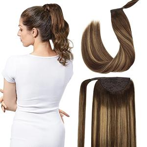 Long Straight Wrap Around Clip in Handmade Real Human Hair for Women,Hair Piece Pony Tail Hair Extensions Hairpieces for Girls,Chocolate Brown