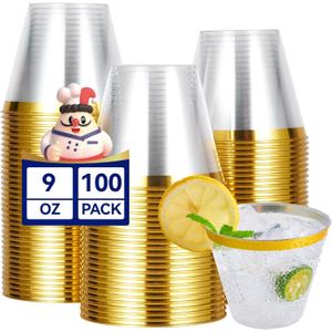 JOLLY CHEF 100 Pack Gold Plastic Cups, 9 oz Clear Plastic Tumblers, Elegant Gold Rimmed Cups, Disposable Glasses for Wedding, Thanksgiving Day, Christmas Party